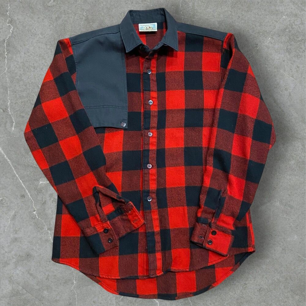 Wrangler Outdoors Vintage Shooting Flannel Black Red Button Up Mens Size Medium